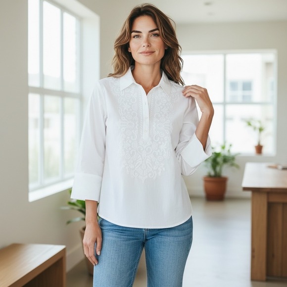 LOGG Tops - H&M L.O.G.G.White Embroidered Blouse Top Button Down Cotton Shirt Women's Size 4
